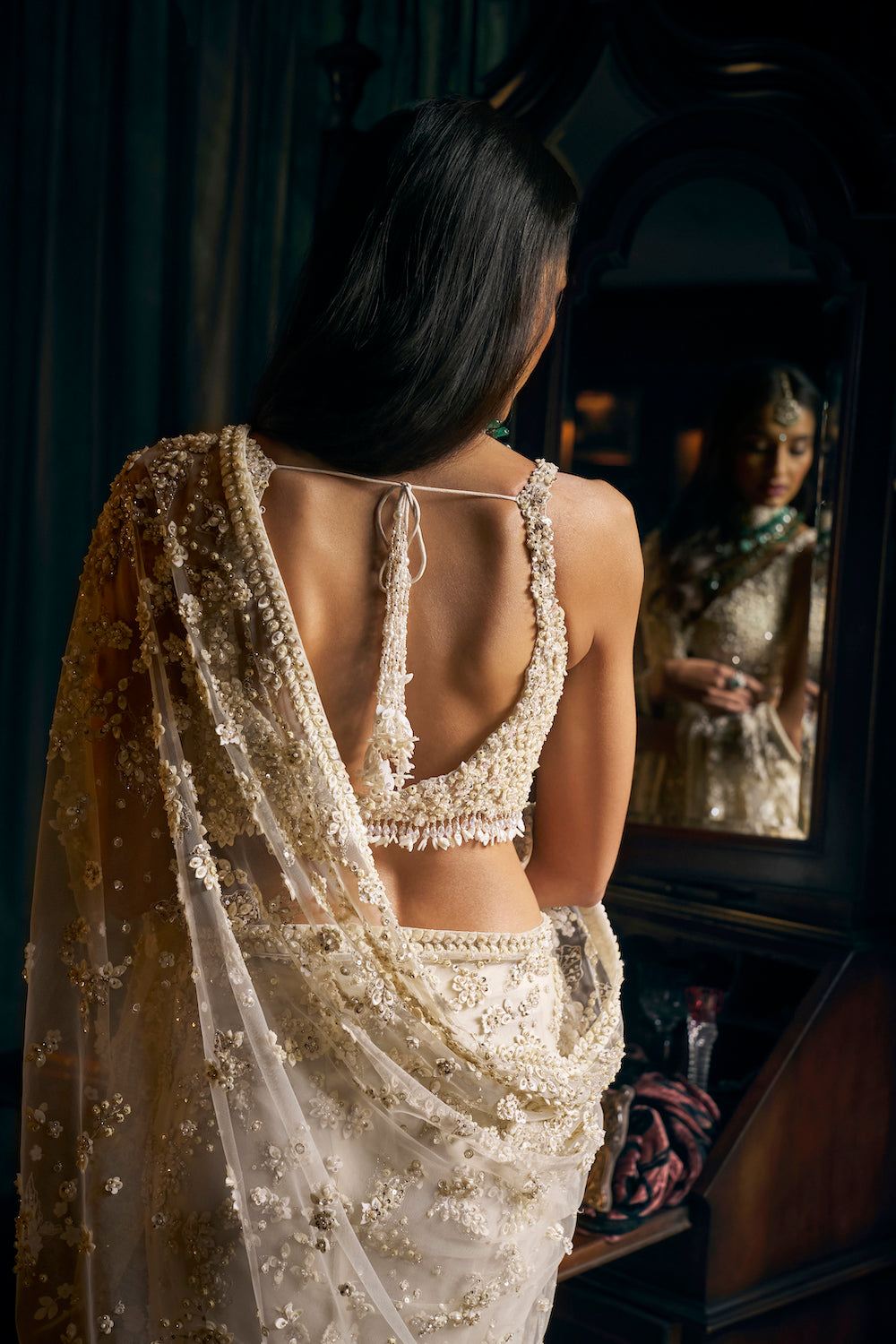 Nora Fatehi in Ivory Three-dimensional Saree