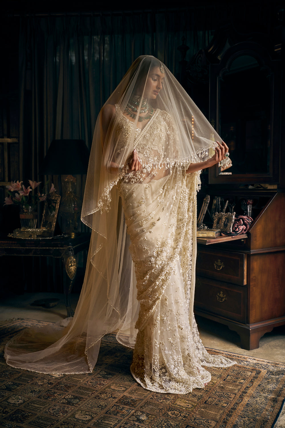 Ivory Three-dimensional Floral Saree