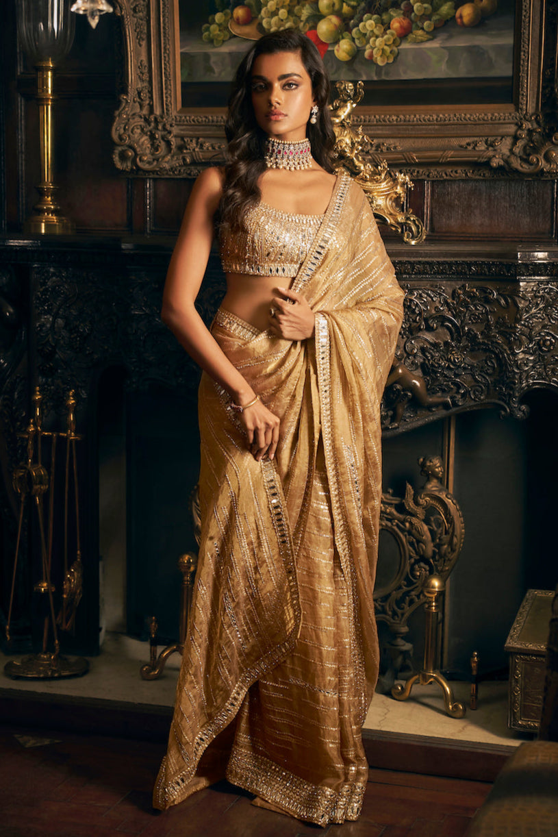 Gold Mirror Work Tissue Saree