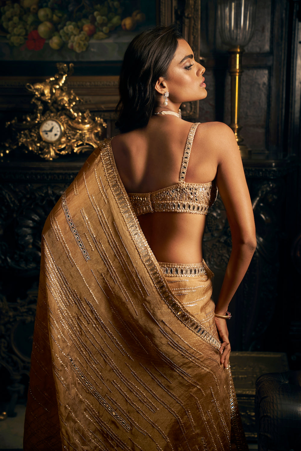 Gold Mirror Work Tissue Saree