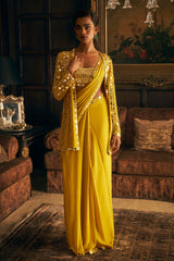 Yellow Mirror Work Stitched & Jacket Saree