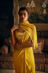 Yellow Mirror Work Draped Saree