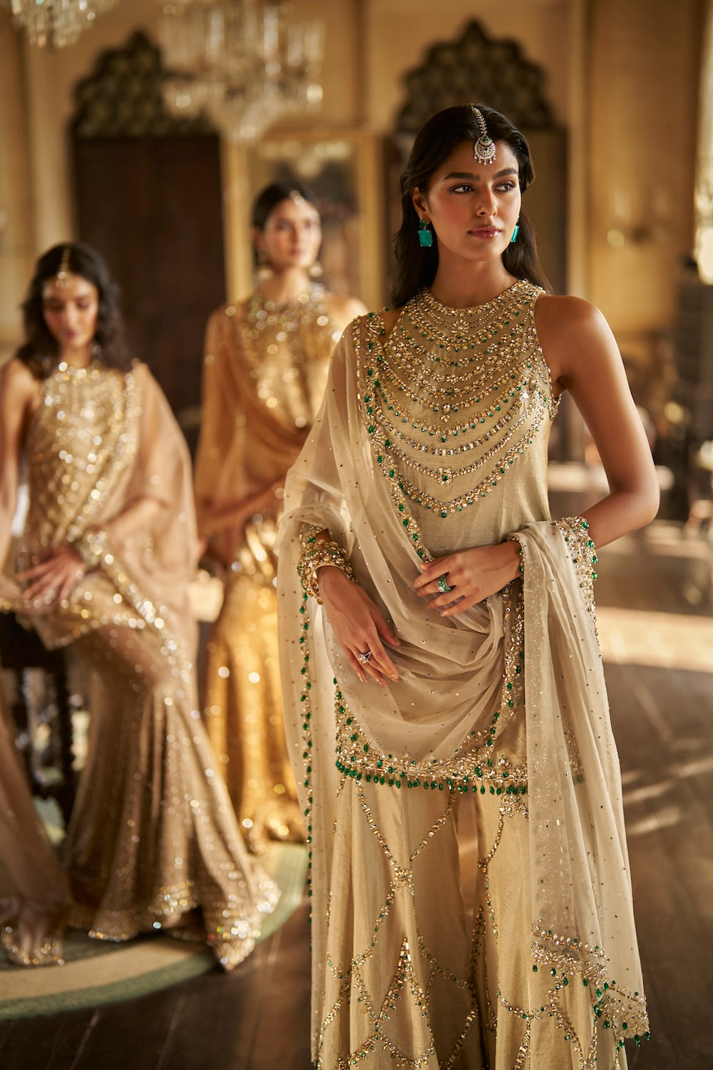 Champagne Emerald Crystal Sharara Set