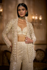 Cream Open Jacket Sharara - Pant Set