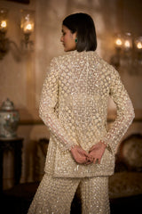 Cream Open Jacket Sharara - Pant Set