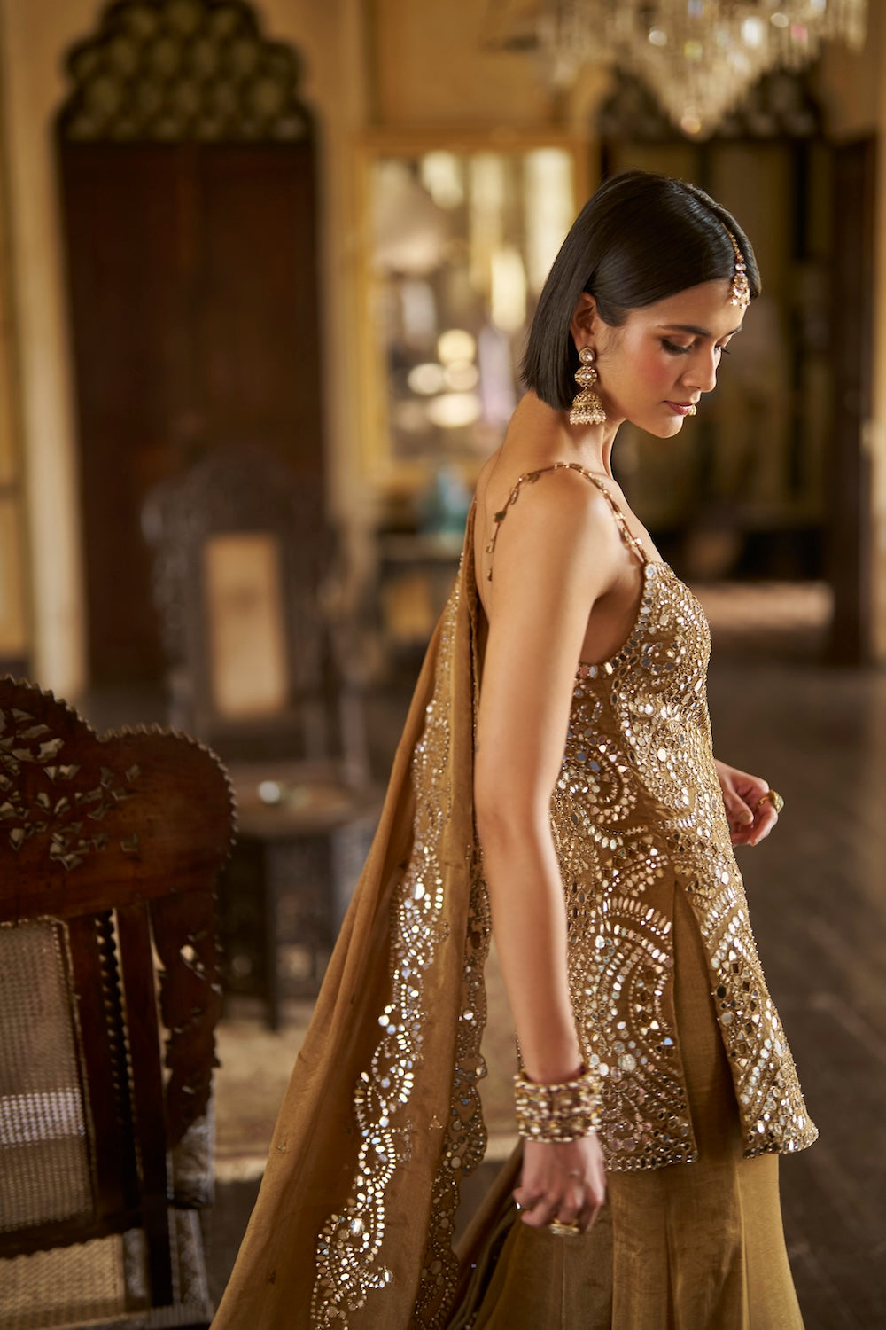 Antique Gold Mirror Sharara Set