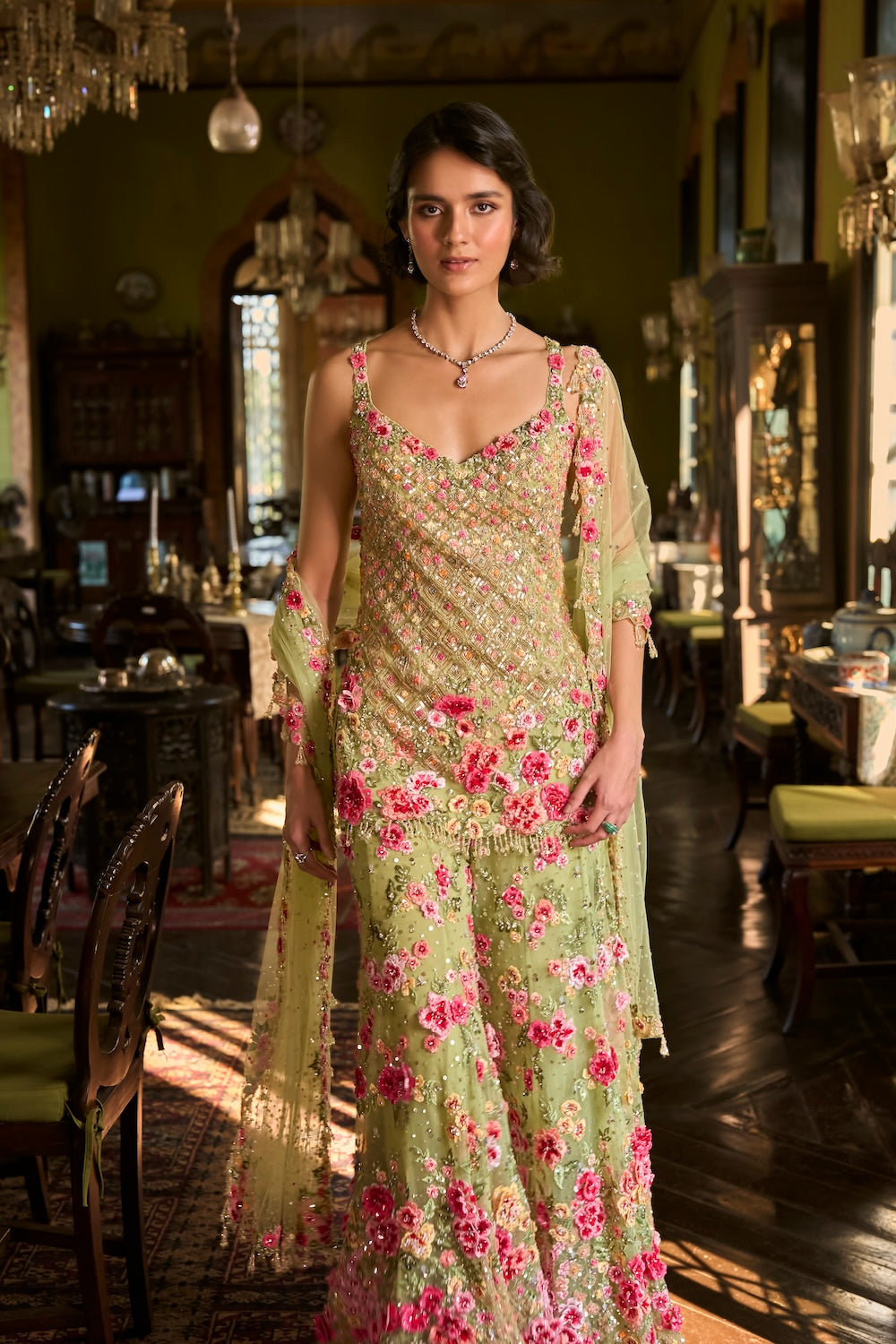 Leaf Green Three-Dimensional Sharara Set