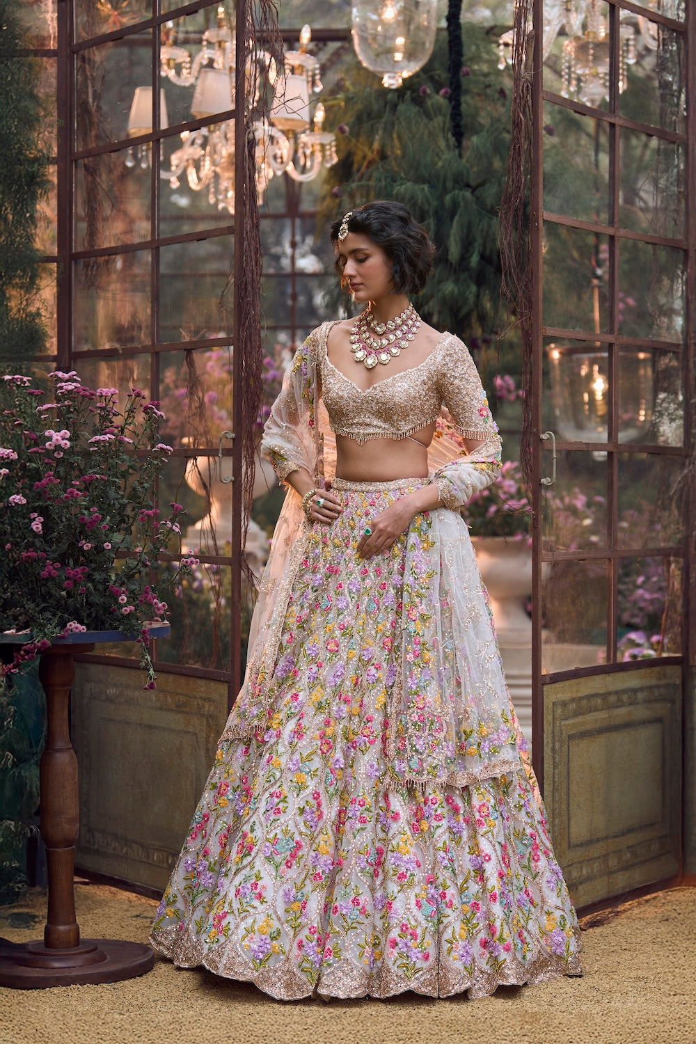 Rose Gold Multi-Coloured Floral Lehenga Set