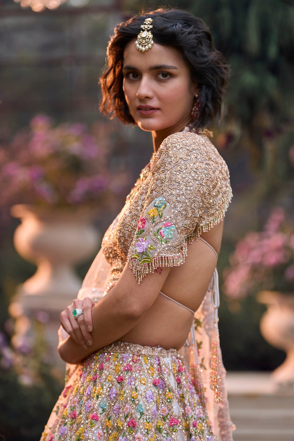 Rose Gold Multi-Coloured Floral Lehenga Set