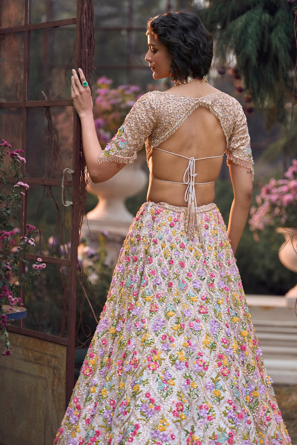 Rose Gold Multi-Coloured Floral Lehenga Set