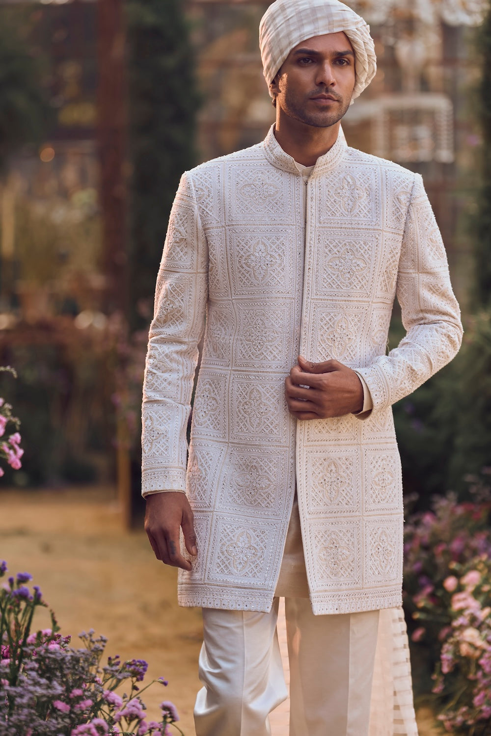 Ivory Geometric Sherwani Set