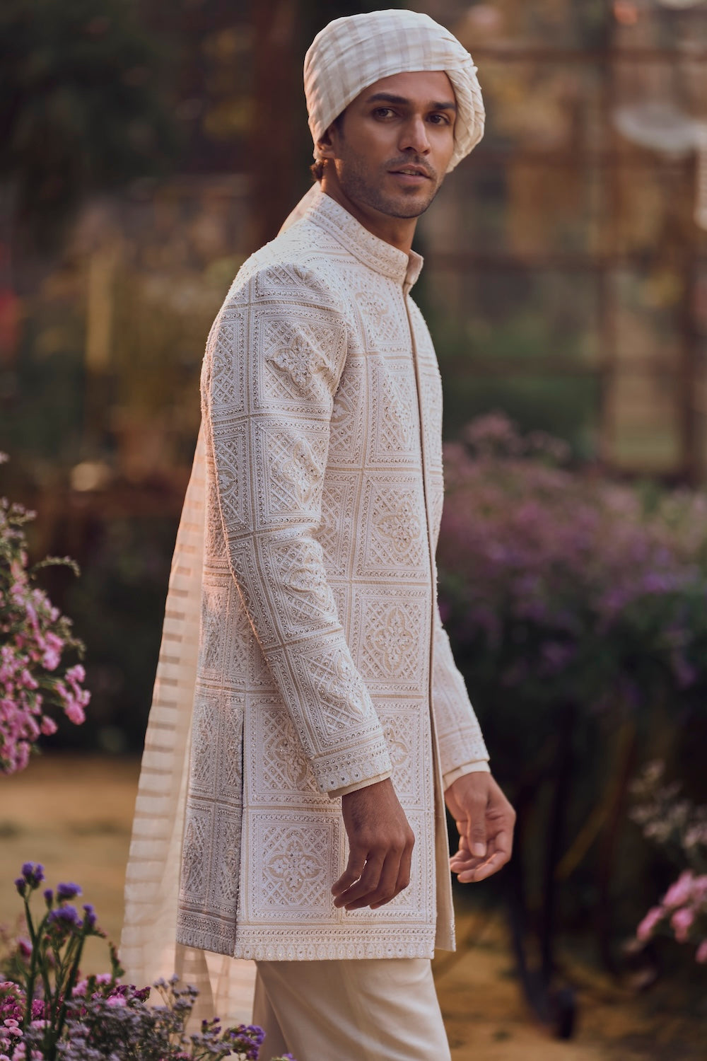 Ivory Geometric Sherwani Set