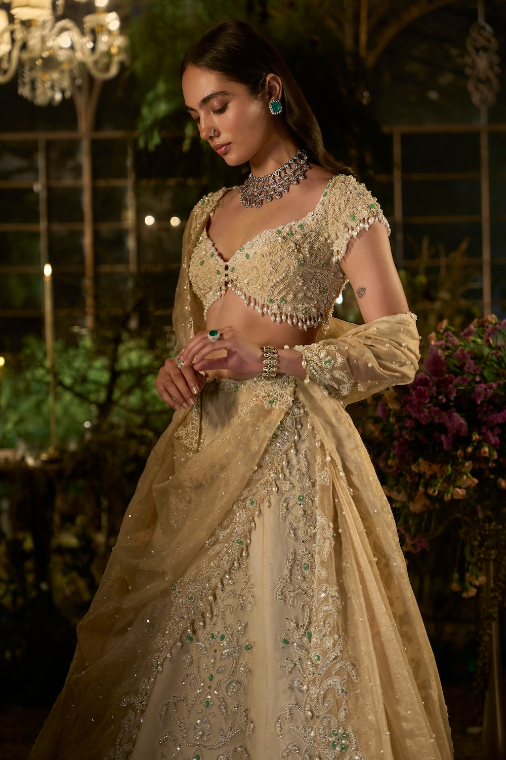 Light Gold Pearl Lehenga Set