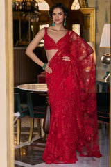 Raveena Thadani in Red Dori Saree