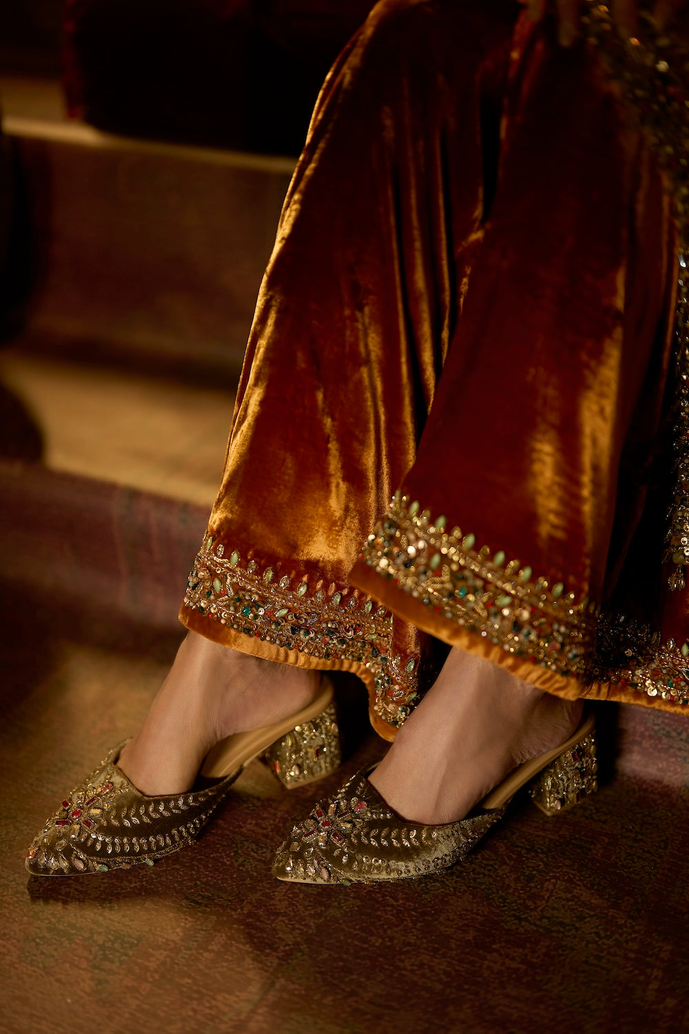 Sepia Brown Velvet Jewel-Embellished Mules