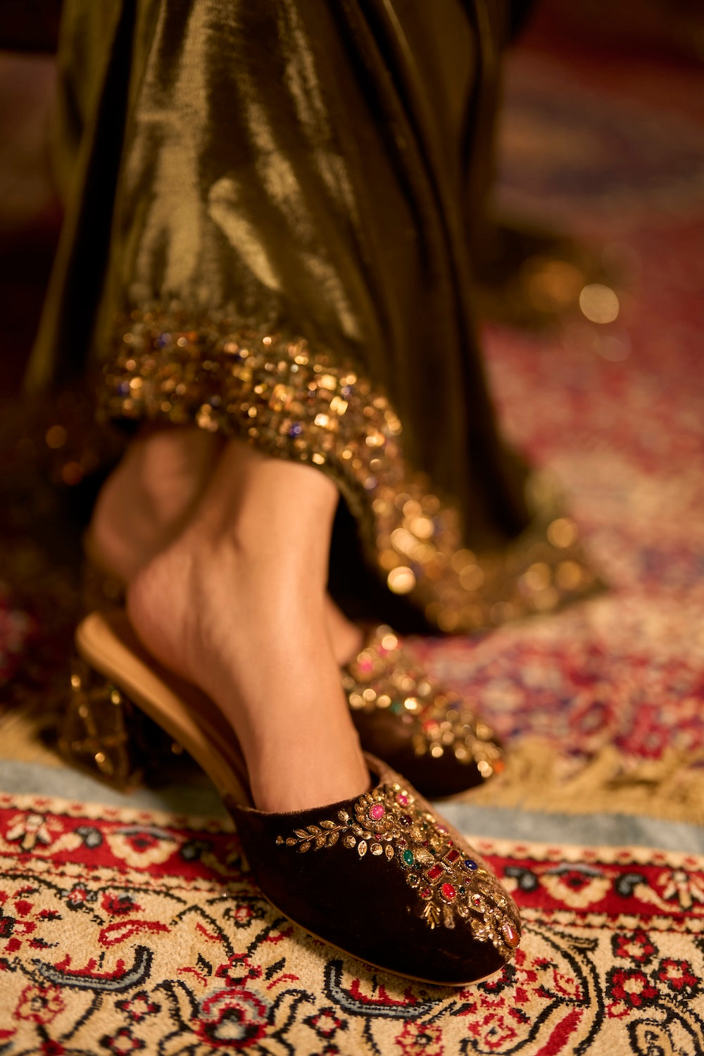 Chocolate Brown Velvet Jewel-Embellished Mules