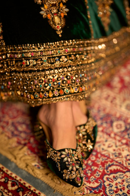 Emerald Green Velvet Jewel-Embellished Mules