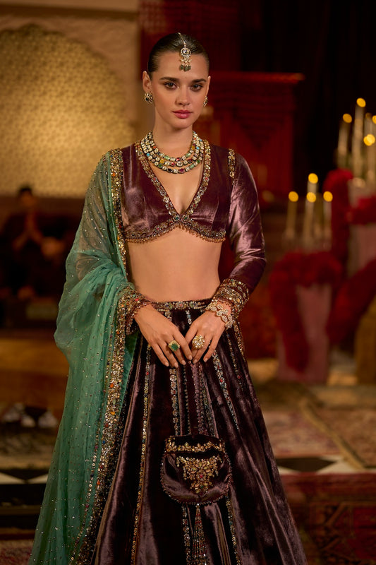 Rose Brown Velvet Jewel-Embellished Potli