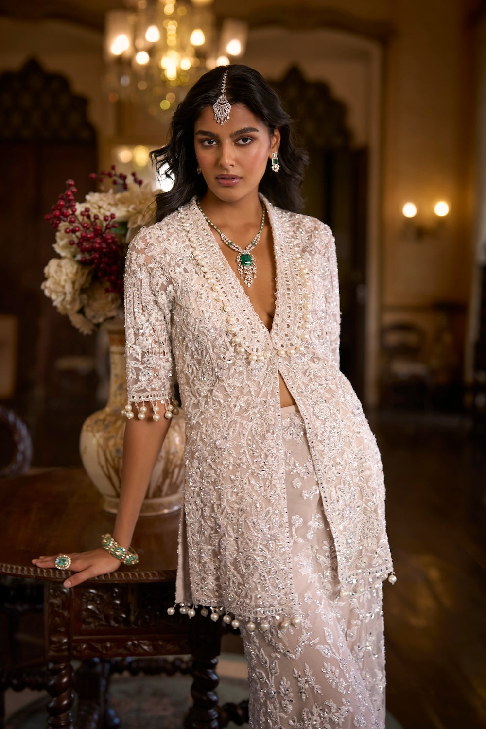 White Sequin Jacket Sharara - Pant Set
