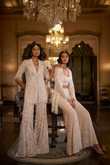 White Sequin Jacket Sharara - Pant Set