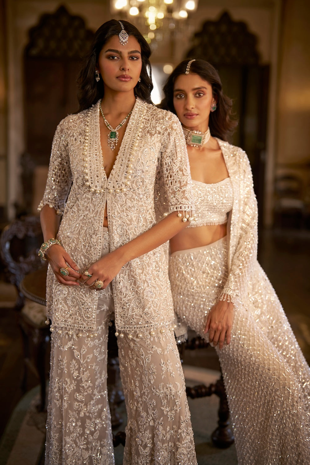 White Sequin Open Jacket - Sharara Pant Set