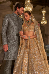 Ash Grey Mirror Work Sherwani Set