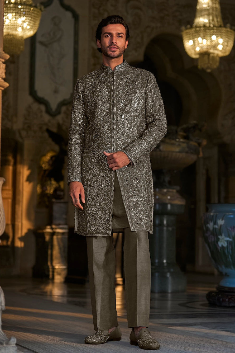 Ash Grey Mirror Work Sherwani Set