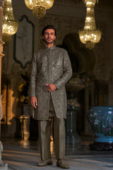Ash Grey Mirror Work Sherwani Set