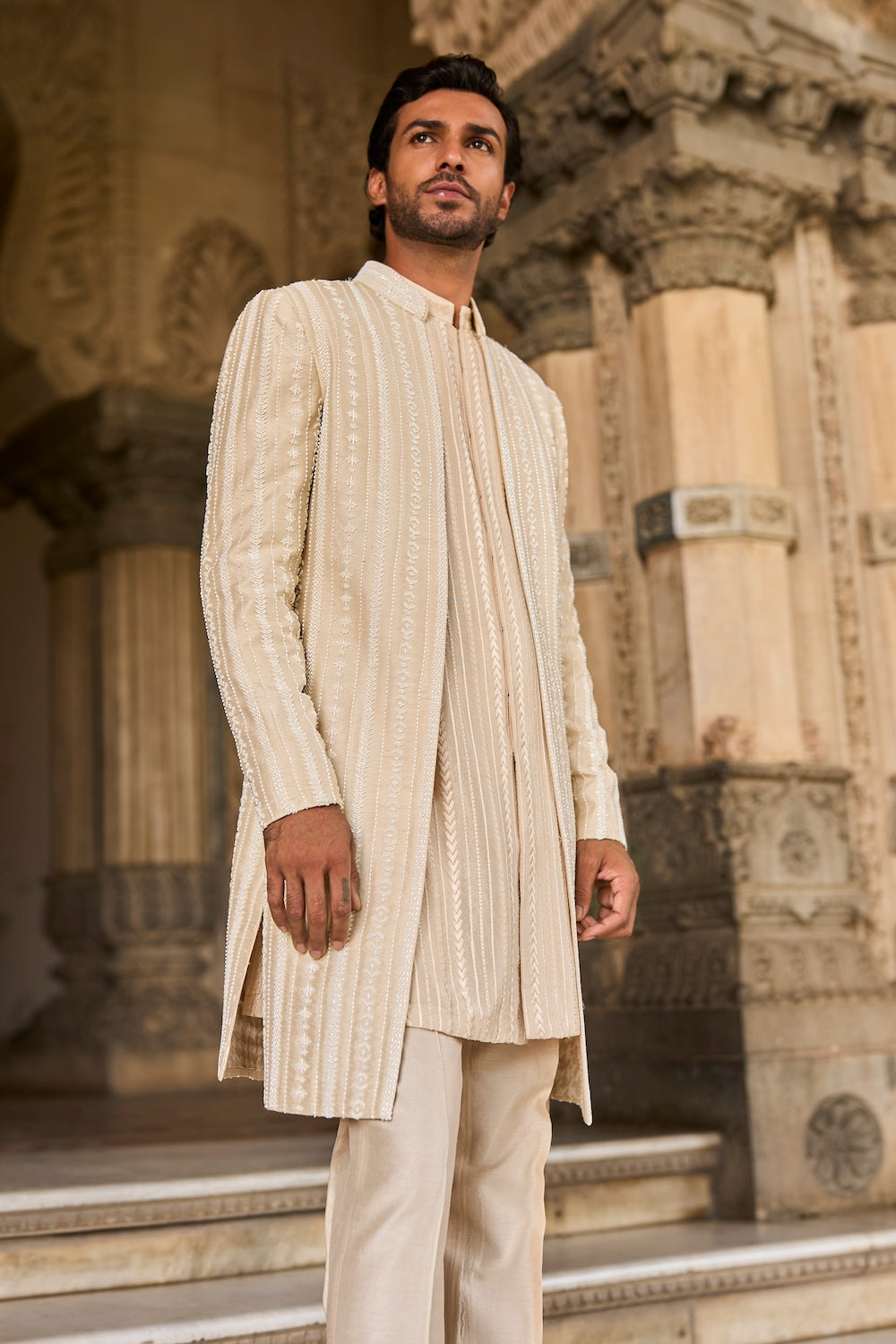 Beige Pearl Open Sherwani Set