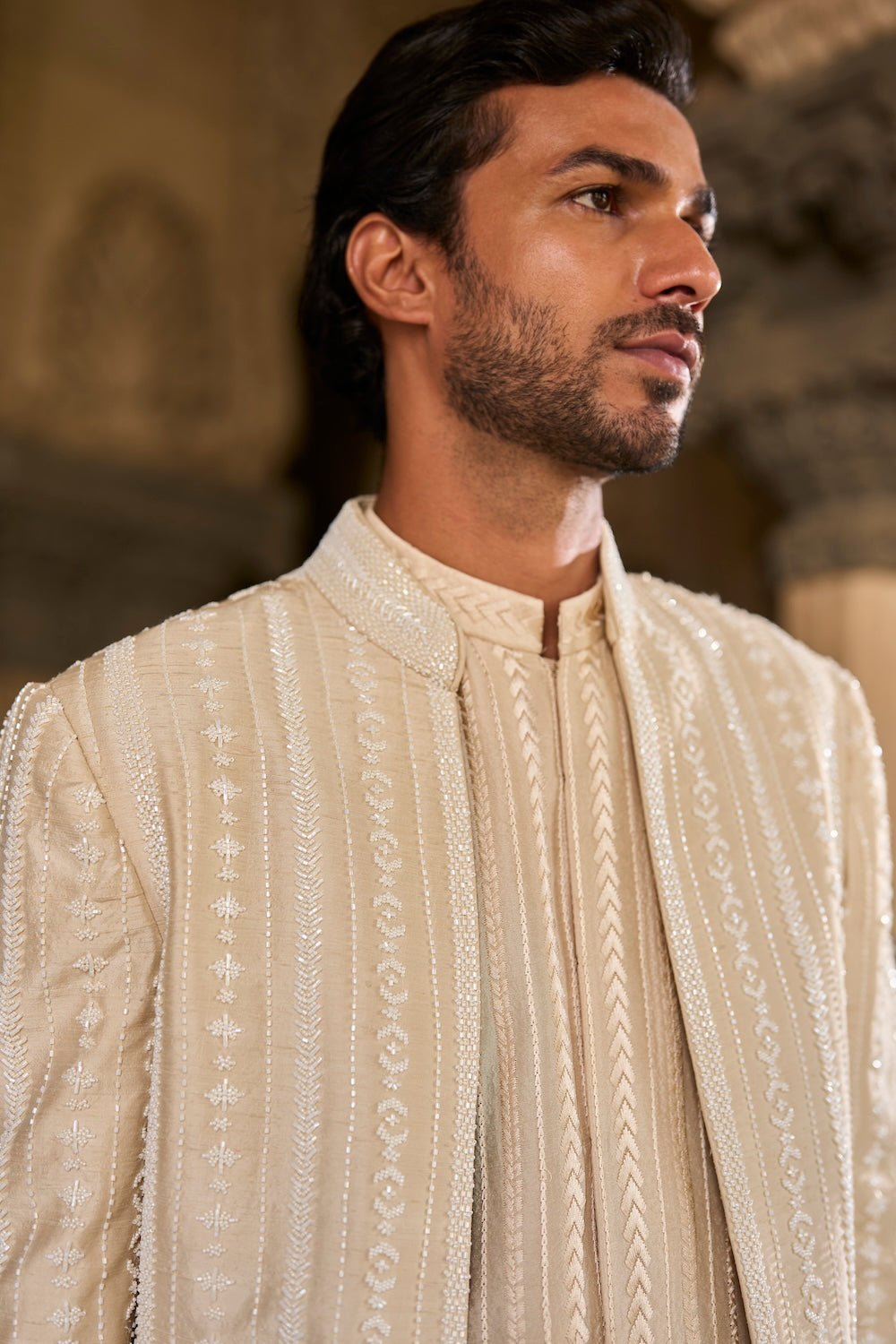Beige Pearl Open Sherwani Set