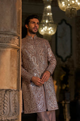 Stone Grey Mirror Work Sherwani Set