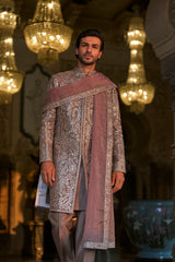 Stone Grey Mirror Work Sherwani Set