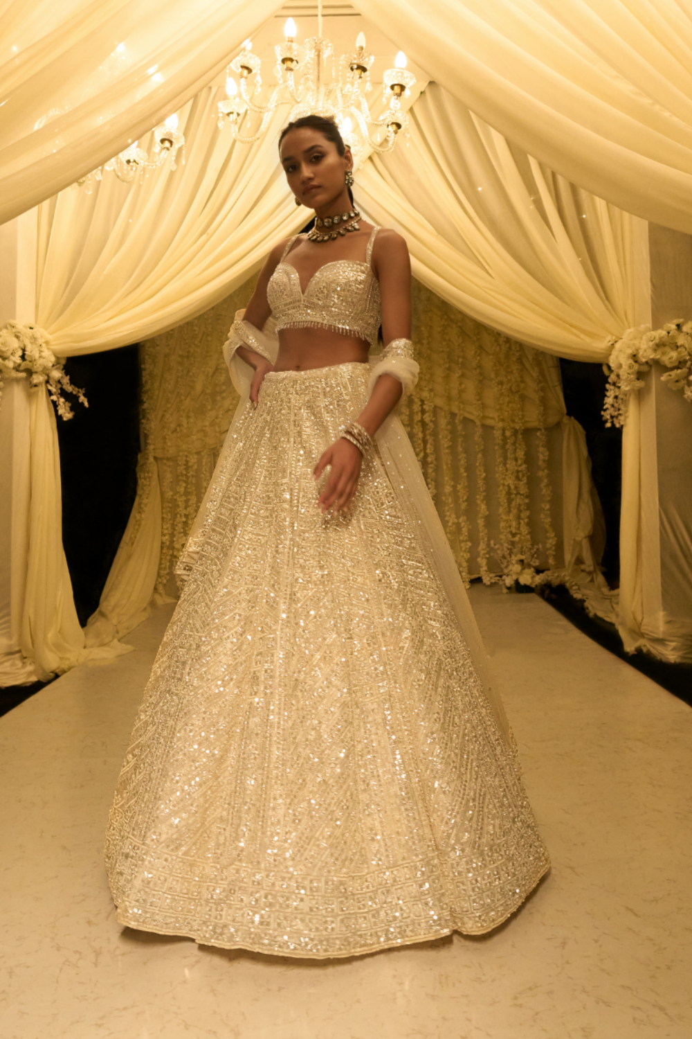 Ivory Sequin Floral Lehenga Set