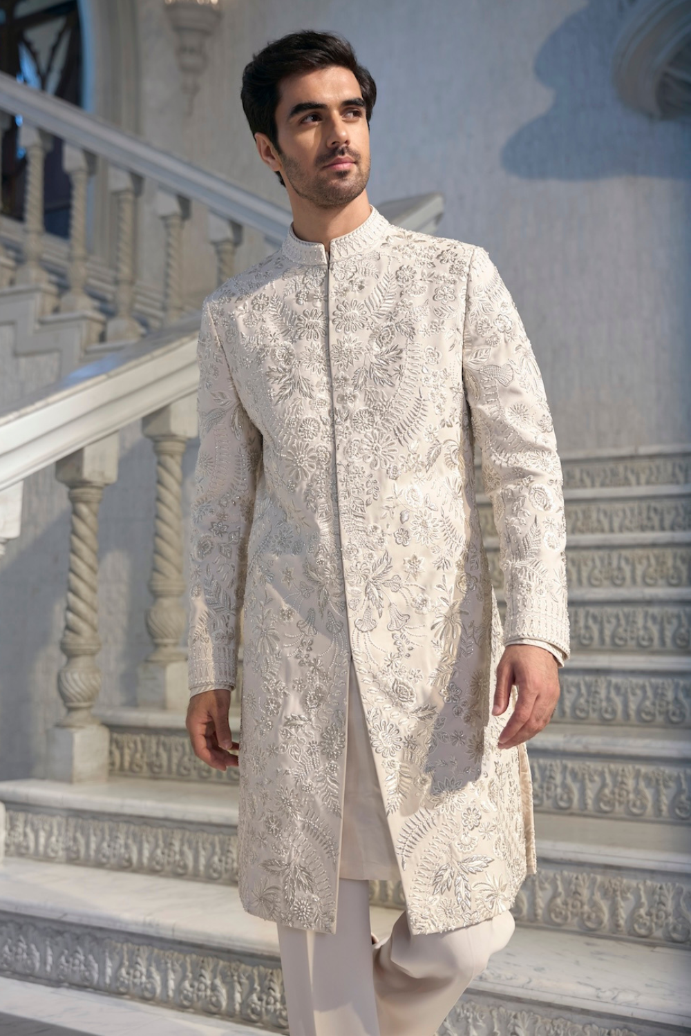 Cream Thread Work Sherwani Set