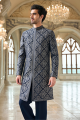 Navy & Silver Zari Sherwani Set