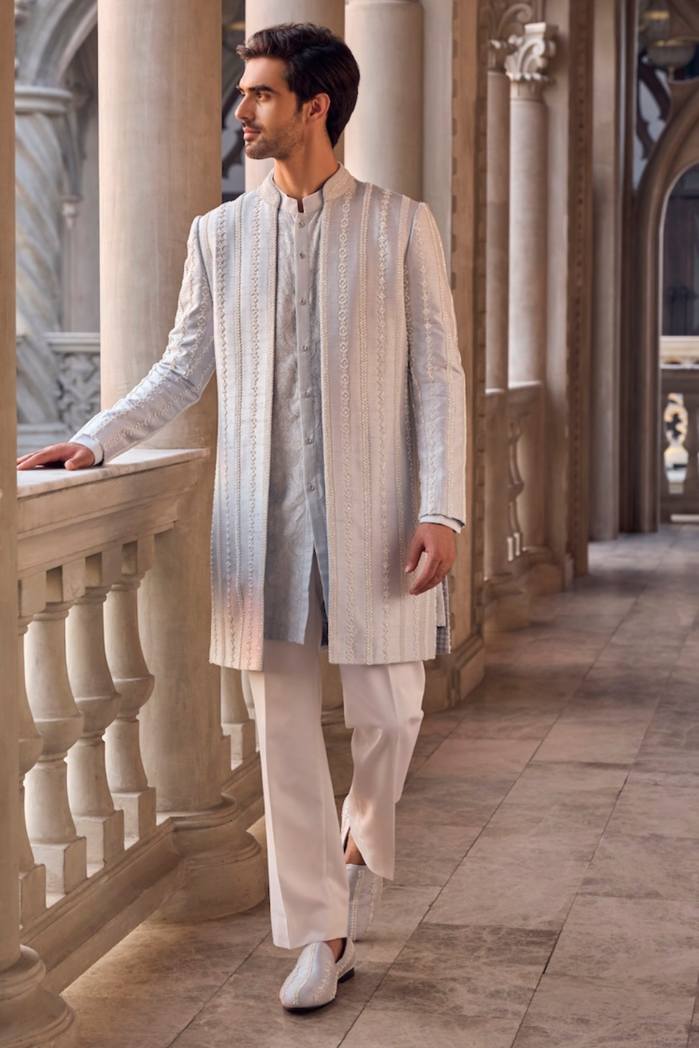 Powder Blue Pearl Open Sherwani Set