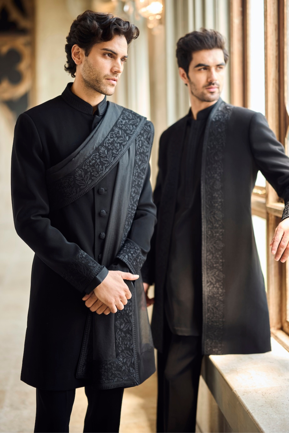 Black Thread Work Open Jacket Set