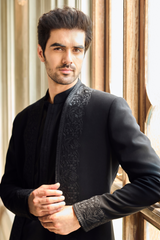 Black Thread Work Open Jacket Set