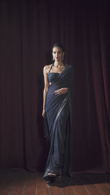 Navy Blue Crystal Georgette Saree