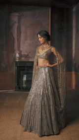Charcoal Multi-Coloured Crystal Lehenga Set