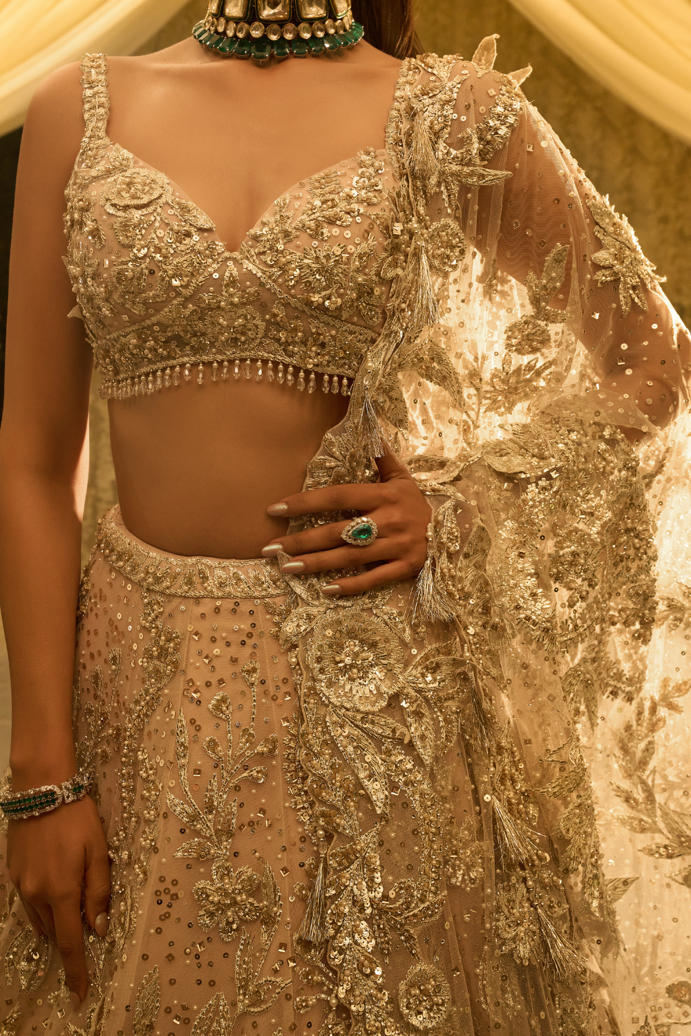 Nude Floral Three-Dimensional Lehenga Set