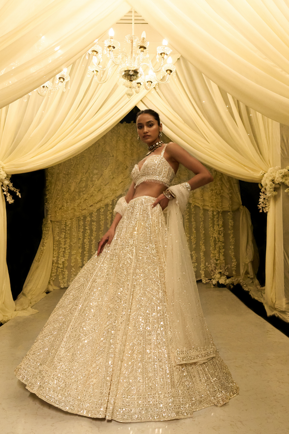 Ivory Sequin Floral Lehenga Set
