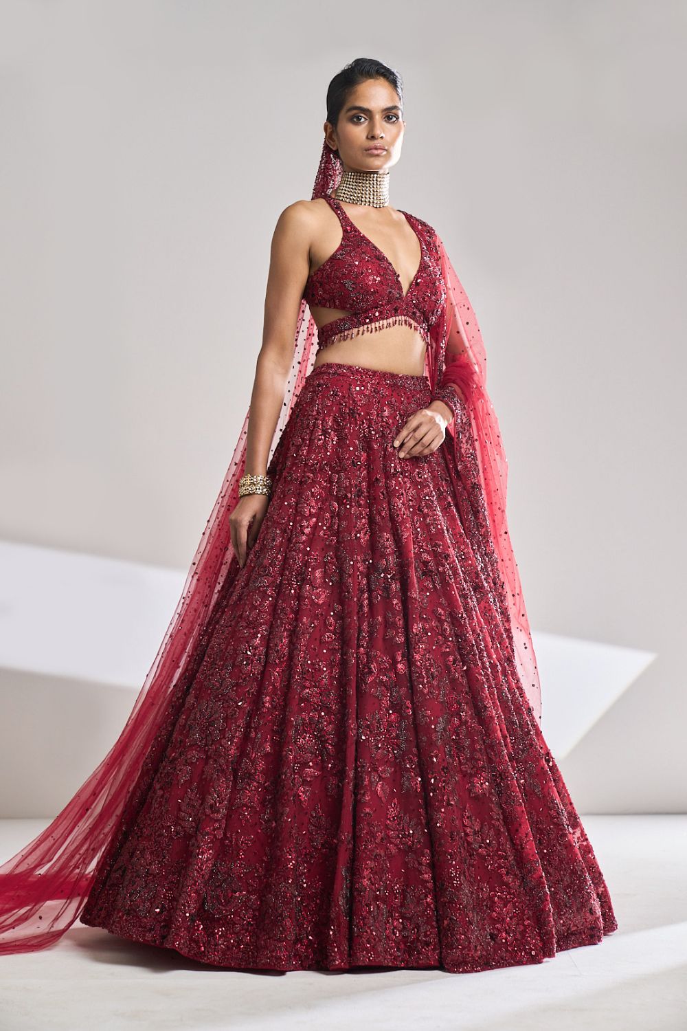 Maroon Sequin Floral Lehenga Set