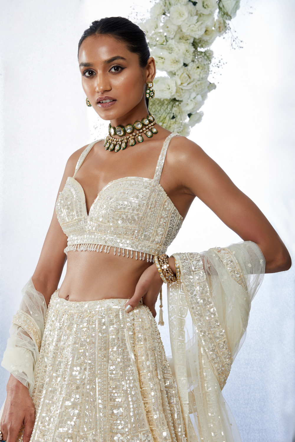 Ivory Sequin Floral Lehenga Set