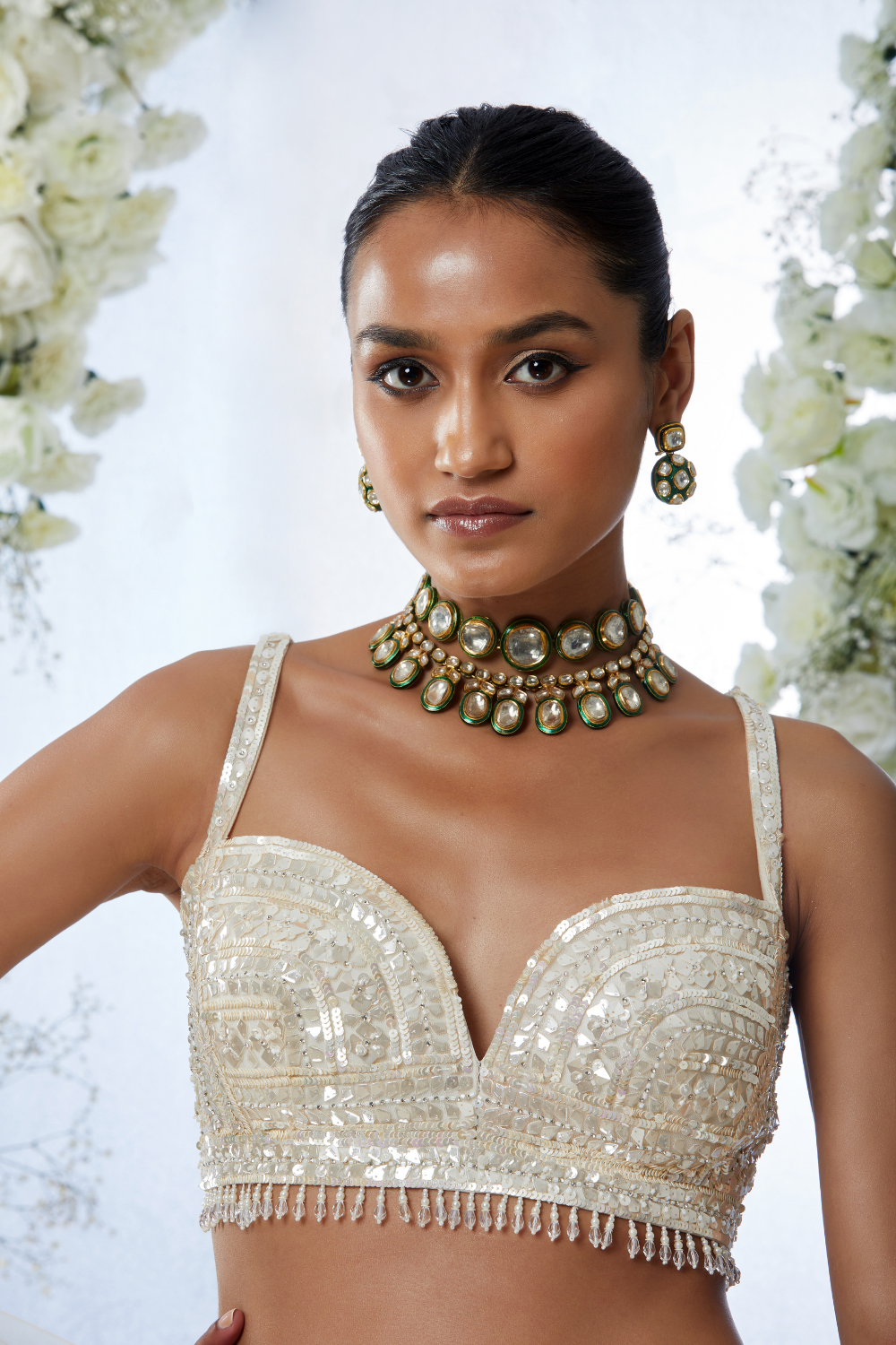Ivory Sequin Floral Lehenga Set