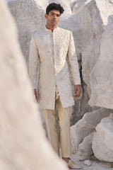 Cream Three Dimensional Floral Sherwani Set