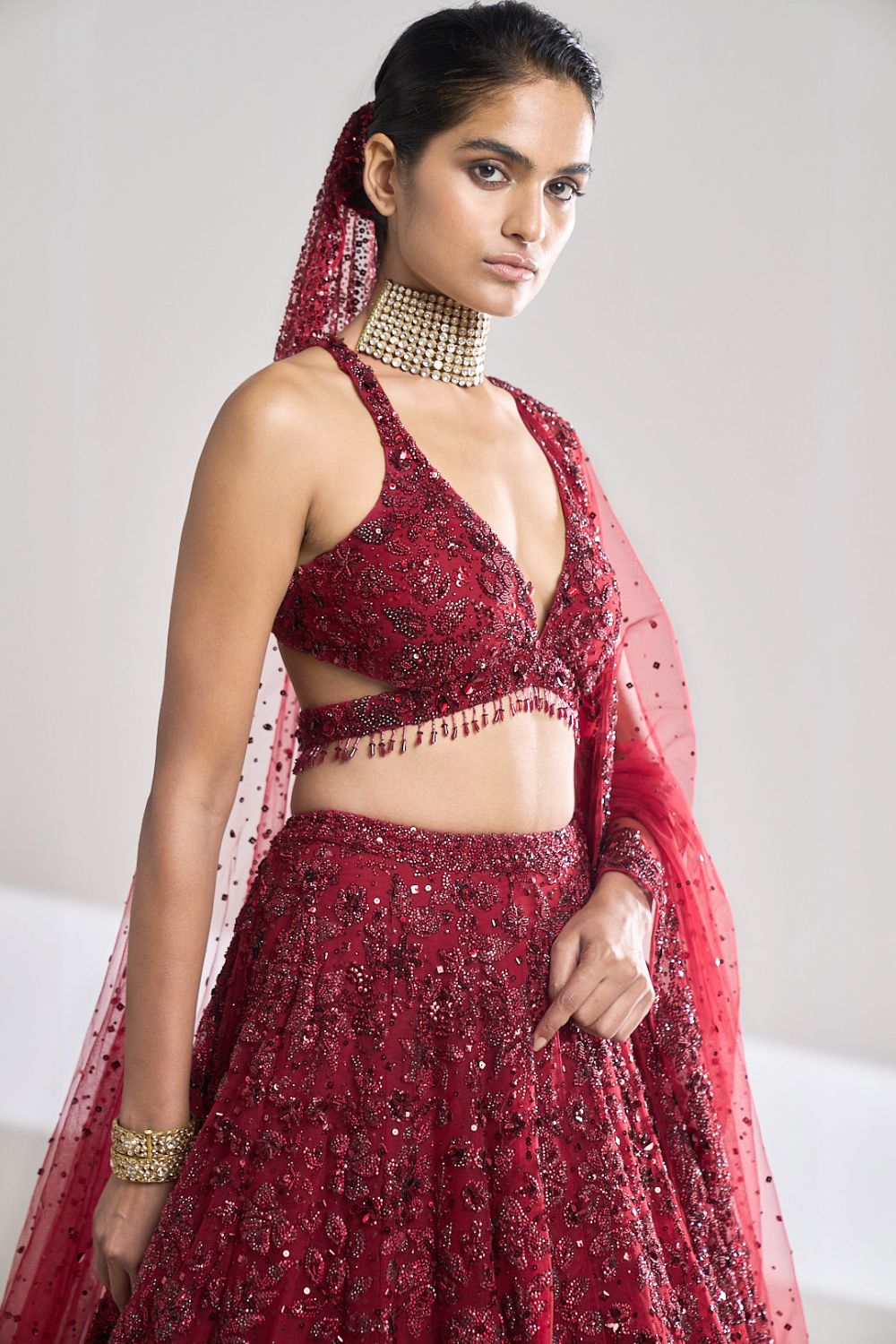 Maroon Sequin Floral Lehenga Set