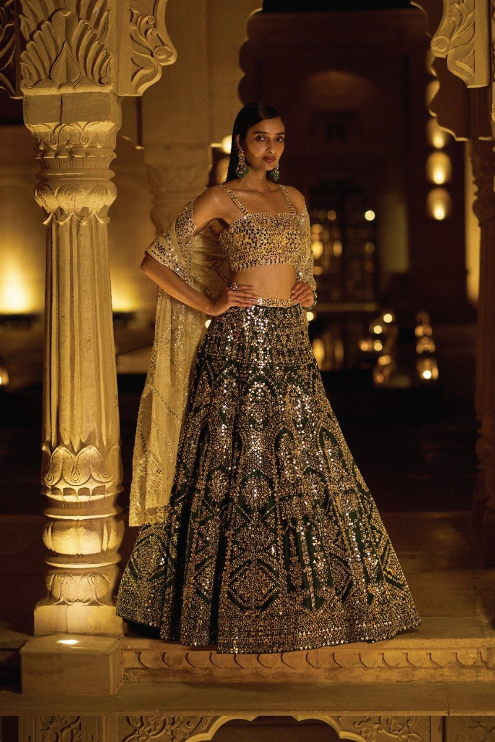 Seema Gujral  Bottle Green Pearl Lehenga Set – LIVEtheCOLLECTIVE