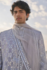 Metallic Grey Mirror Work Sherwani Set