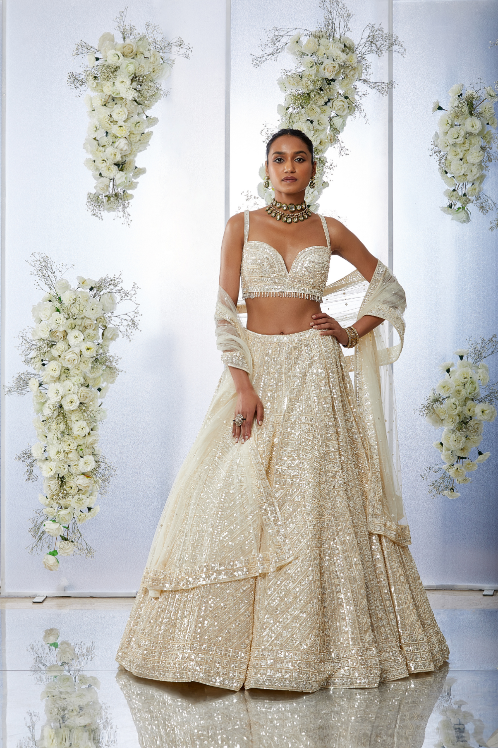 Ivory Sequin Floral Lehenga Set